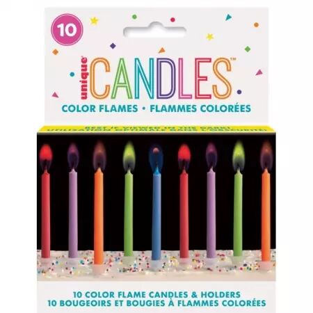 10 Bougies Flammes Color&eacute;es avec Support