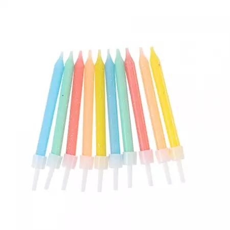 10 BOUGIES PAILLETTES PASTEL MULTICOLORE + 6CM AVEC BOBECHES