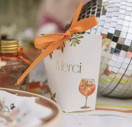 10 Contenants \ Merci\  Fizz Agrume Papier Cr&egrave;me, Orange et Or 8x9x4cm et Ruban Satin Orange
