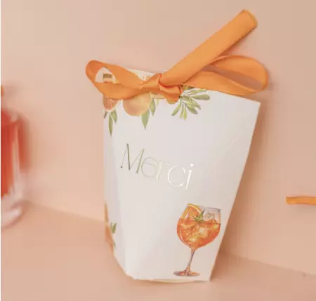 10 Contenants \ Merci\  Fizz Agrume Papier Cr&egrave;me, Orange et Or 8x9x4cm et Ruban Satin Orange