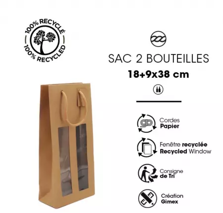 100 Sacs 2 Bouteilles Kraft brun &agrave; Fenetre 180x380+40 / 22001