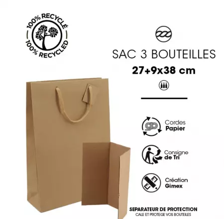 100 Sacs 3 Bouteilles Kraft brun 270+90x380 / 22005