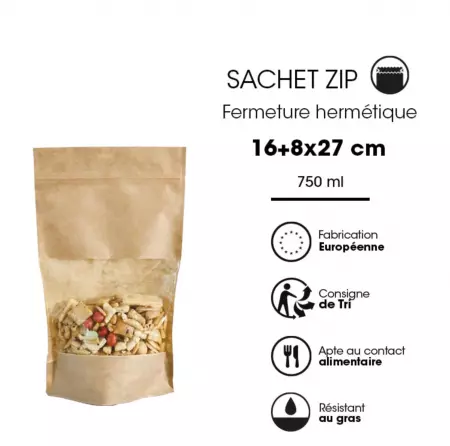 100 Sacs Kraft Zip Fenetre 160x80x270 / 23013