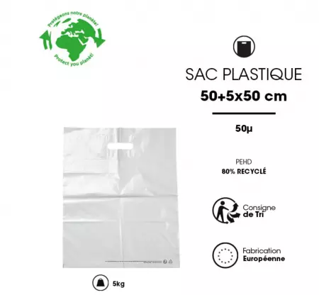 100 Sacs PDR Blanc 50x50+5 PCR80% PEBD 50&micro;