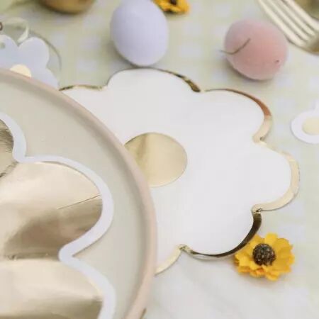 16 Serviettes Marguerites Papier Blanc et Or 33x33cm - 3 Plis