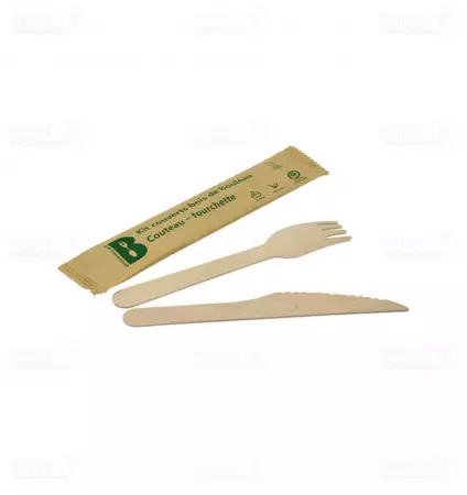 250 Kits Couverts Bois Couteaux Fourchette P-Cuill&egrave;re Serviette 16cm