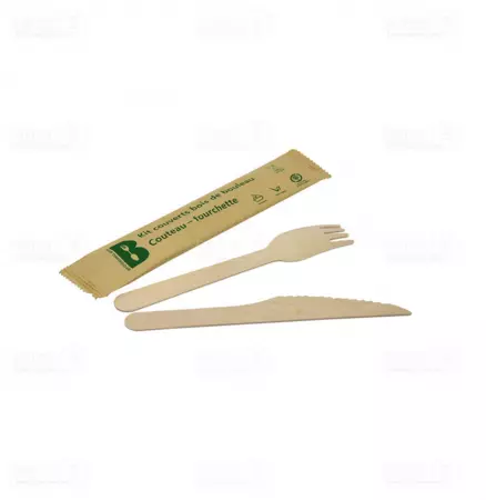 250 Kits Couverts Bois Couteaux Fourchette Serviette 16cm