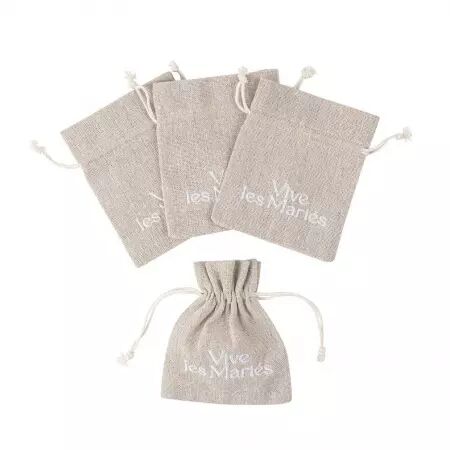 4 Pochons \ Vive Les Mari&eacute;s\  Effet Lin et Broderie Blanc 9,5x11,5cm