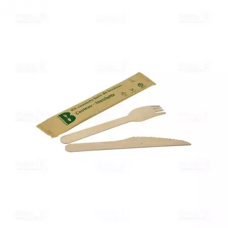 50 Kits Couverts Bois Couteaux Fourchette P-Cuill&egrave;re 16cm