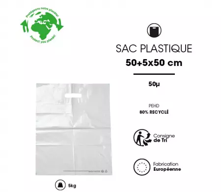 500 Sacs PDR Blanc 50x50+5 PCR80% PEBD 50&micro;