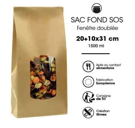 600 Sac SOS &agrave; FENETRE 200+100x310mm KRAFT BRUN Verg&eacute; 90g 