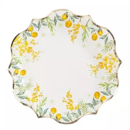 8 Assiettes Mimosa Citrons Carton Feuillages et Or 23cm