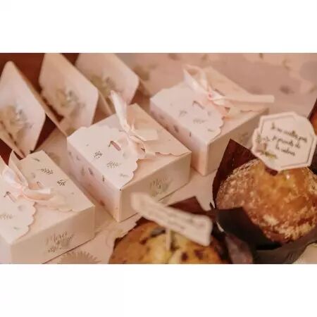 8 Contenants Festonn&eacute;s Boho Papier Merci Blush et Or 7x7x3,5cm + Ruban Satin Blush