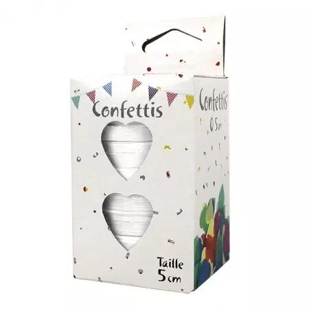 80g de confettis Coeurs BLANC en boite d&eacute;cor&eacute;e 5CM