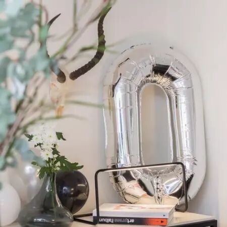 Ballon Mylar Chiffre \ 0\  Argent 86cm + Paille Incluse