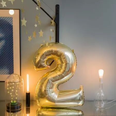 Ballon Mylar Chiffre \ 2\  Or 86cm + Paille Incluse 