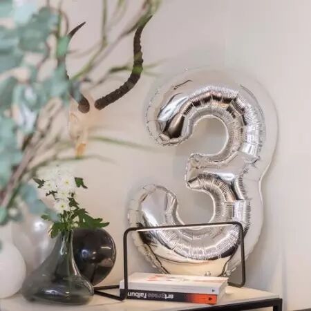Ballon Mylar Chiffre \ 3\  Argent 86cm + Paille Incluse 