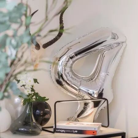 Ballon Mylar Chiffre \ 4\  Argent 86cm + Paille Incluse