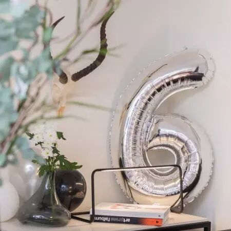 Ballon Mylar Chiffre \ 6\  Argent 86cm + Paille Incluse 