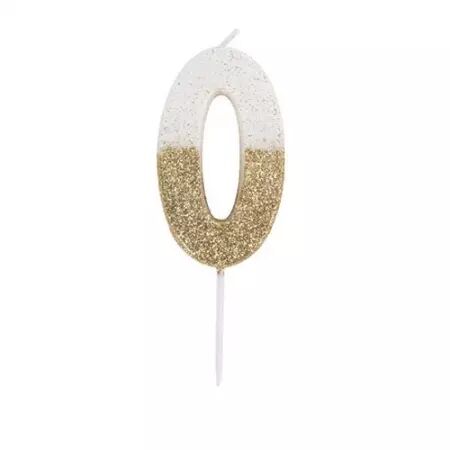 BOUGIE CHIFFRE 0 BLANCHE PAILLETTES OR 7CM SUR PIC