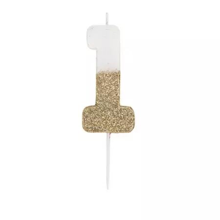 BOUGIE CHIFFRE 1 BLANCHE PAILLETTES OR 7CM SUR PIC