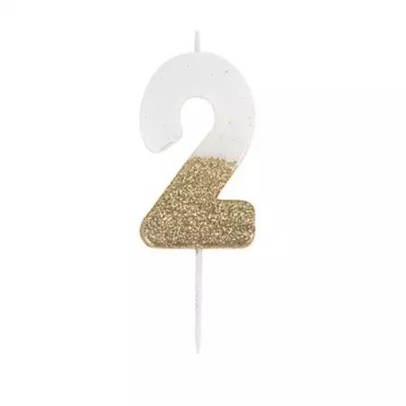 BOUGIE CHIFFRE 2 BLANCHE PAILLETTES OR 7CM SUR PIC
