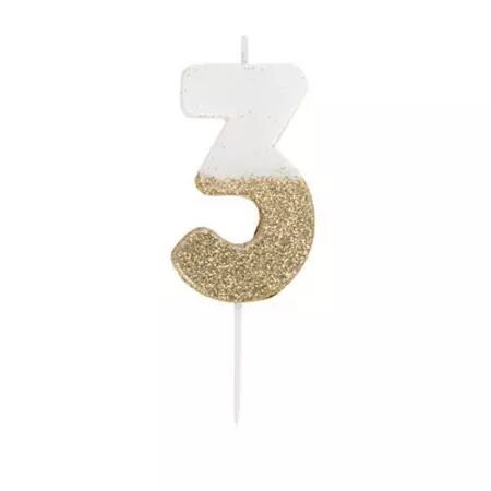 BOUGIE CHIFFRE 3 BLANCHE PAILLETTES OR 7CM SUR PIC