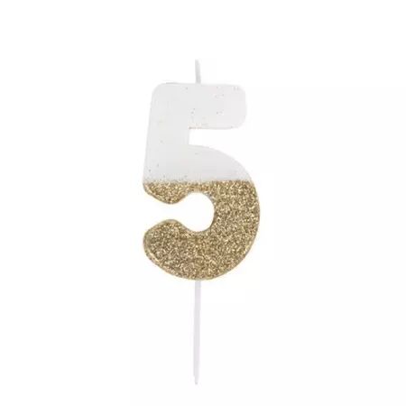 BOUGIE CHIFFRE 5 BLANCHE PAILLETTES OR 7CM SUR PIC