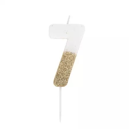 BOUGIE CHIFFRE 7 BLANCHE PAILLETTES OR 7CM SUR PIC