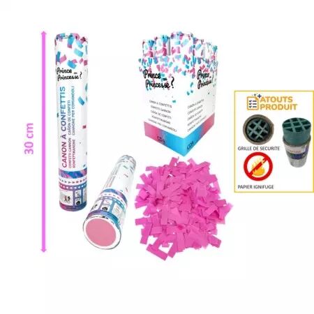 Canon &agrave; confettis FILLE 30cm Papier Rose