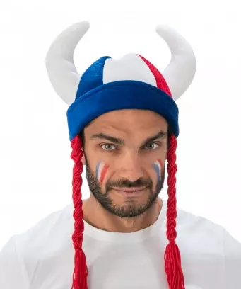 CASQUE GAULOIS CORNES ET TRESSES TISSUS SUPPORTER FRANCE