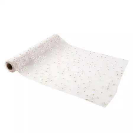 Chemin de Table La Petite Marguerite Organza Blanc et Paillettes Or 28cmx5m