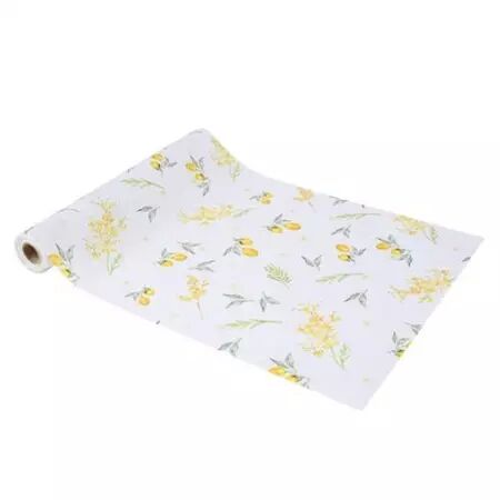 Chemin de Table Mimosa Tissu Blanc Citrons et Feuillages 28cmx5m