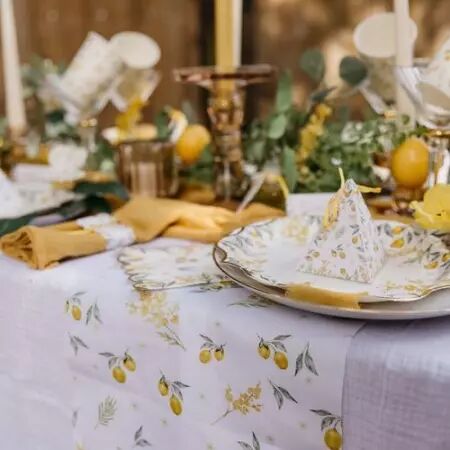 Chemin de Table Mimosa Tissu Blanc Citrons et Feuillages 28cmx5m
