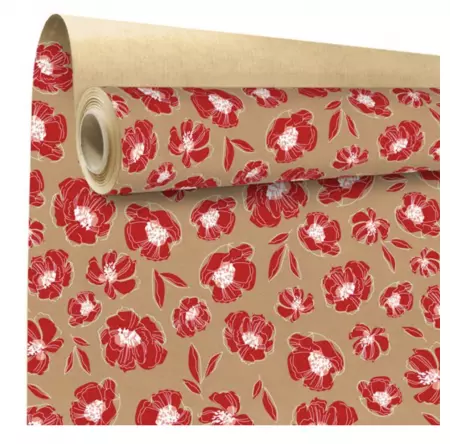 PAPIER CADEAUX 0,8X40M KRAFT BRUN MOTIF VIVACITE ROUGE