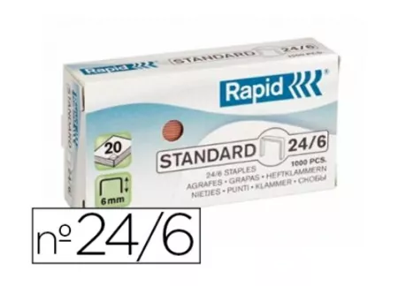  RAPID Agrafe rapid standard 24/6 cuivr&eacute;e fil souple confort capacit&eacute; agrafage 20f bo&icirc;te 1000 unit&eacute;s.