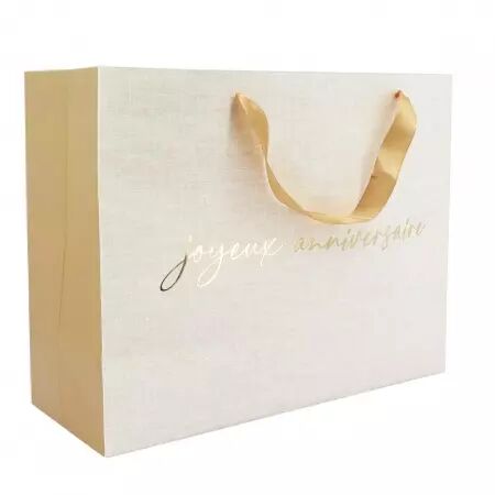  Sac Cadeau \ Joyeux Anniversaire\   Gold\'n Age Poign&eacute;e Satin Carton  Effet Lin et Or 33x26x13,5cm