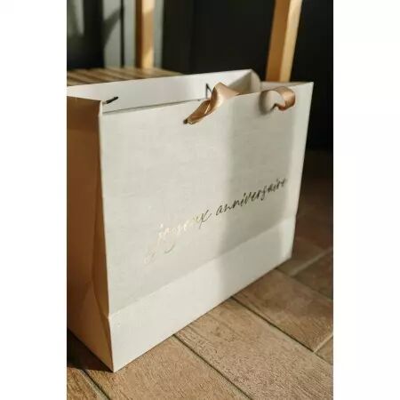  Sac Cadeau \ Joyeux Anniversaire\   Gold\'n Age Poign&eacute;e Satin Carton  Effet Lin et Or 33x26x13,5cm