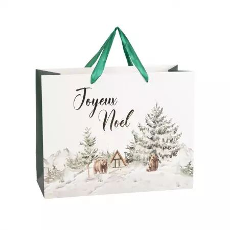 Sac Cadeau \ Joyeux No&euml;l\  Let it Snow Poign&eacute;e Satin  Carton Blanc, Vert et Or 26x33x13,5cm
