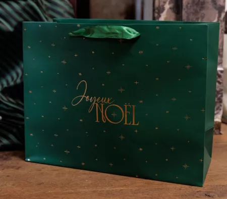SAC CADEAU JOYEUX NOEL POIGNEE SATIN CARTON VERT