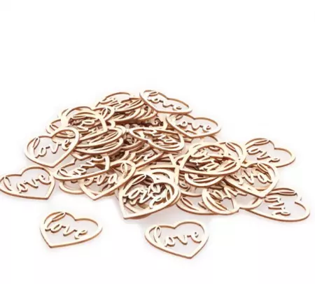 SACHET 24 CONFETTI EN BOIS COEUR LOVE 4CM X 4CM X 0.1CM