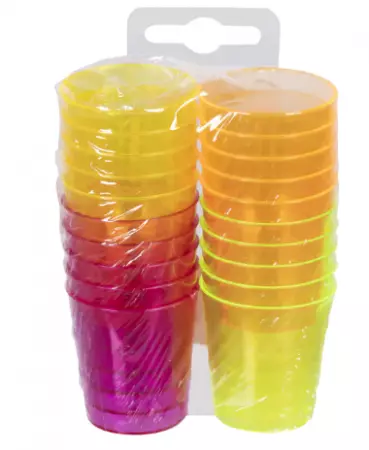 Set 20 Verres &agrave; shot en plastique 4 couleurs fluo