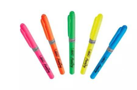 SURLIGNEUR BIC HIGHLIGHTER GRIP CAOUTCHOUC POINTE MOYENNE BISEAUTEE POCHETTE 5 UNITES JAUNE BLEU VER