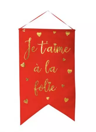 Suspension G&eacute;ante \ Je t\'aime &agrave; la folie\  Effet Lin Rouge et C�urs Or 51,5x87cm