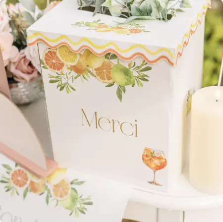 Urne \ Merci\  Fizz Agrume Carton Cr&egrave;me, Orange et Or 21x25x21cm