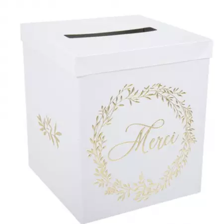 Urne \ Merci\  Jolis Brins Carton Blanc et Or 21x21x25cm