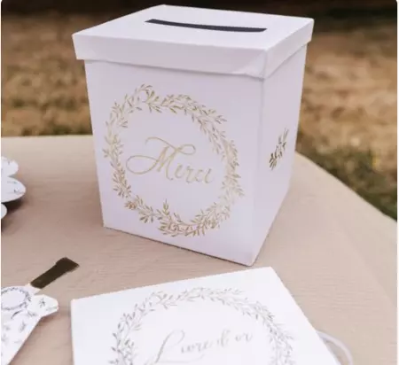 Urne \ Merci\  Jolis Brins Carton Blanc et Or 21x21x25cm