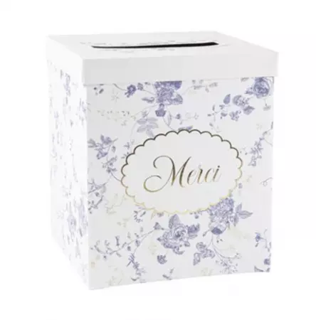 Urne \ Merci\  Toile de Jouy Carton Blanc, Bleu et Or 21x25cm