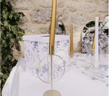 Urne \ Merci\  Toile de Jouy Carton Blanc, Bleu et Or 21x25cm