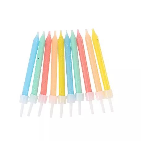 10 BOUGIES PAILLETTES PASTEL MULTICOLORE + 6CM AVEC BOBECHES